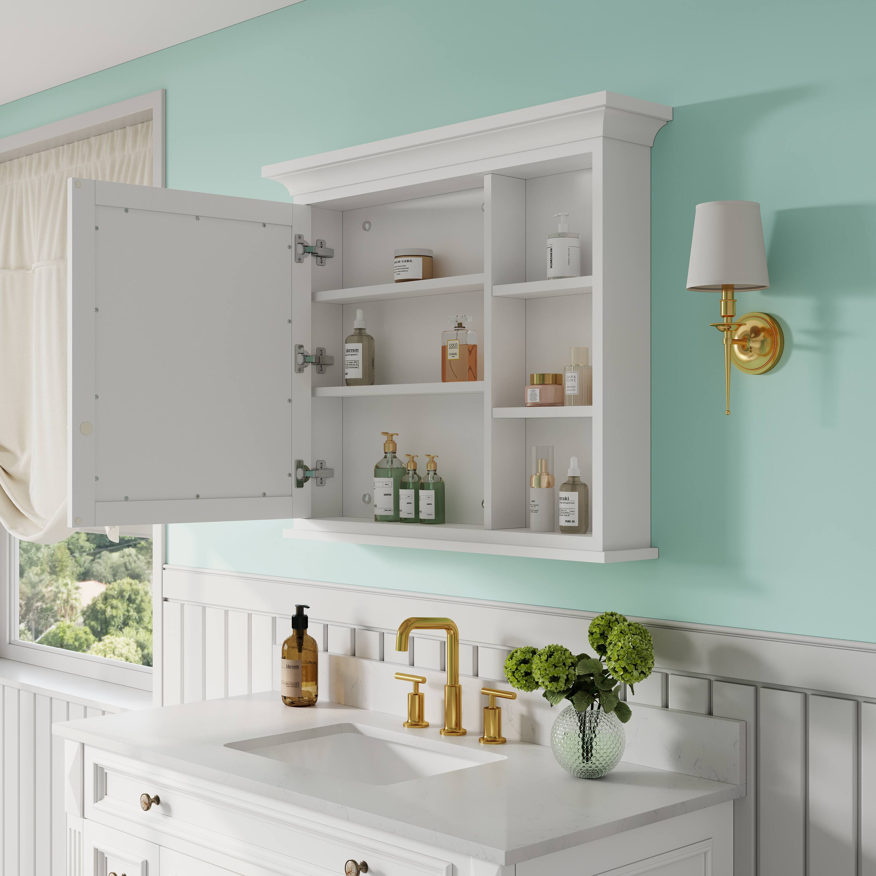 Left. WELLFOR - 36 in. W x 30 in. H Solid Wood Rectangular Surface Mount Medicine Cabinet with Mirror, Soft Close Door - White.