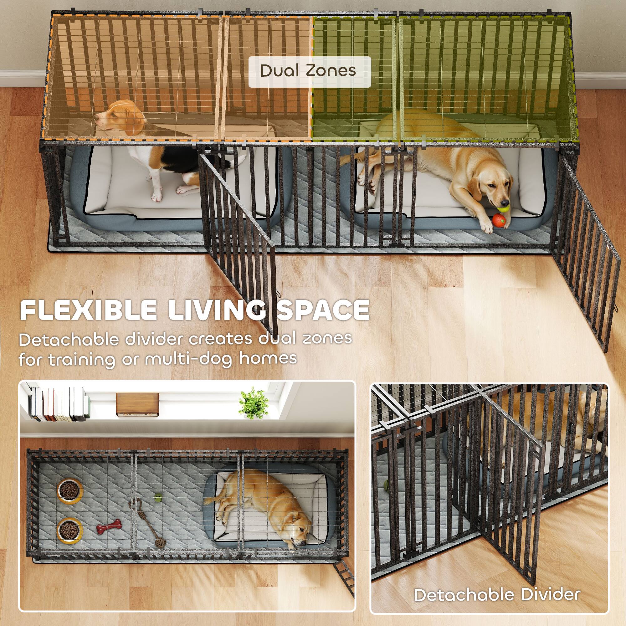 Dual Zones  
FLEXIBLE LIVING SPACE  
Detachable divider creates dual zones for training or multi-dog homes  

Dual Zones  
FLEXIBLE LIVING SPACE  
Detachable divider creates dual zones for training or multi-dog homes  

Detachable Divider