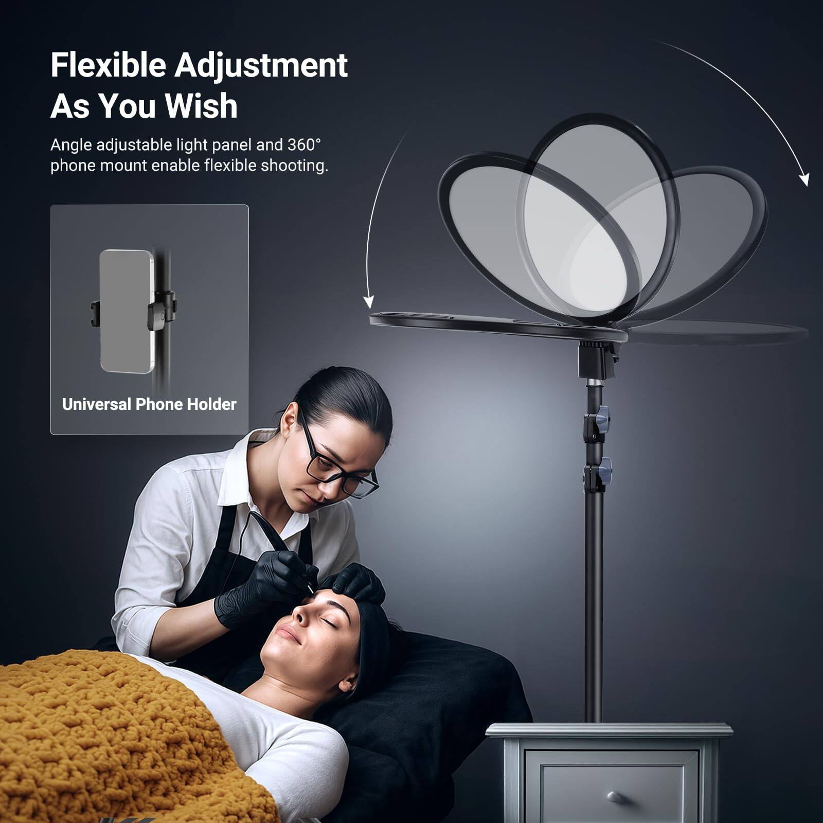 Flexible Adjustment As You Wish

Angle adjustable light panel and 360° phone mount enable flexible shooting.

Universal Phone Holder