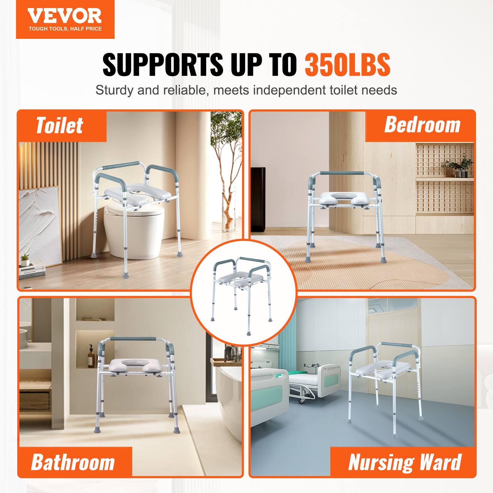 VEVOR TOUGH TOOLS. HALF PRICE
SUPPORTS UP TO 350LBS
Sturdy and reliable, meets independent toilet needs
Toilet
Bedroom
Bathroom
Nursing Ward