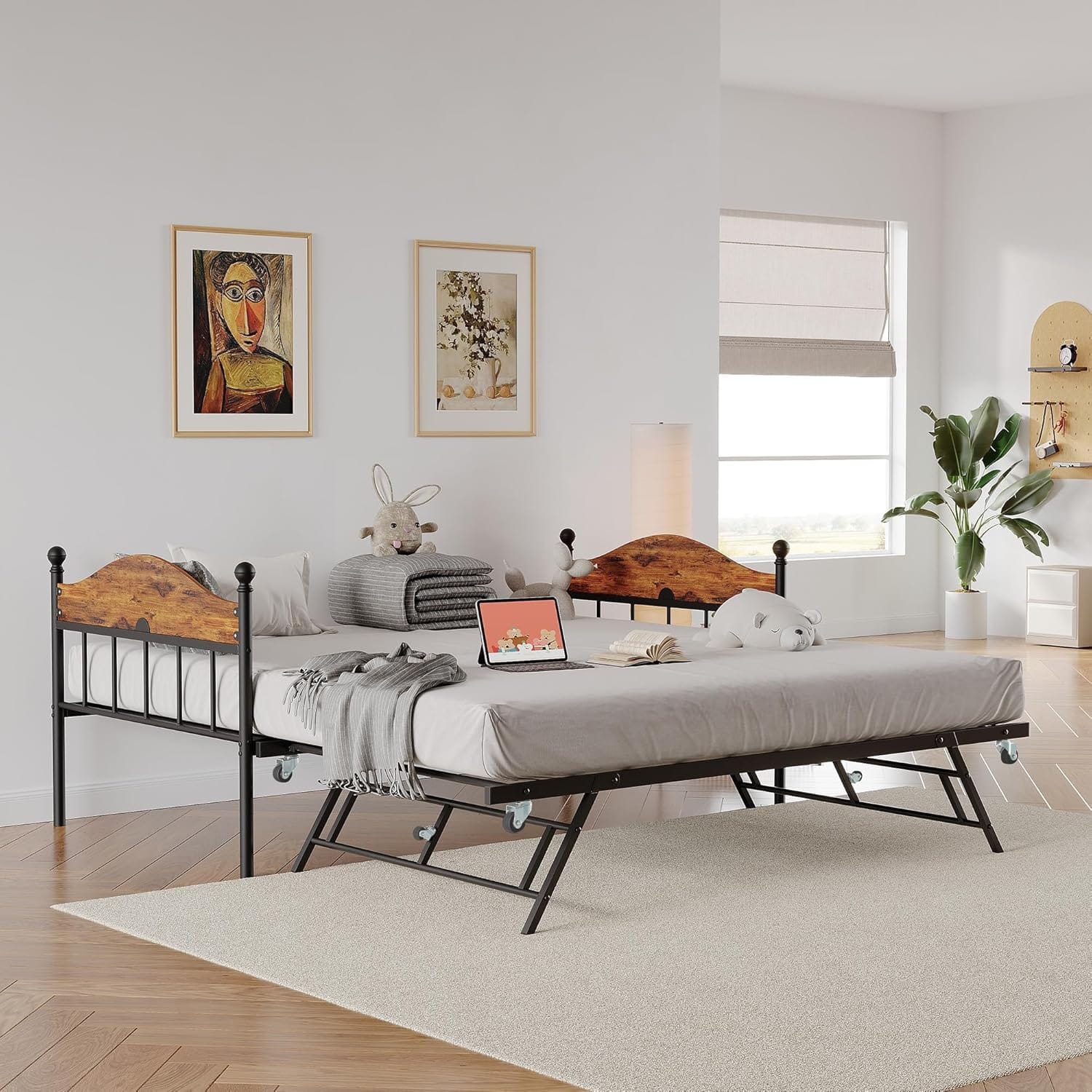 Qeetex - Metal Twin Bed Frame with Pop-Up Foldable Trundle, Sofa Bed with Stylish Headboard, Rustic Brown - Rustic Brown