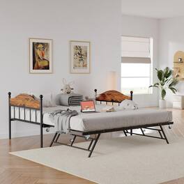 GARVEE - Metal Twin Bed Frame with Pop-Up Foldable Trundle, Sofa Bed with Stylish Headboard - Rustic Brown