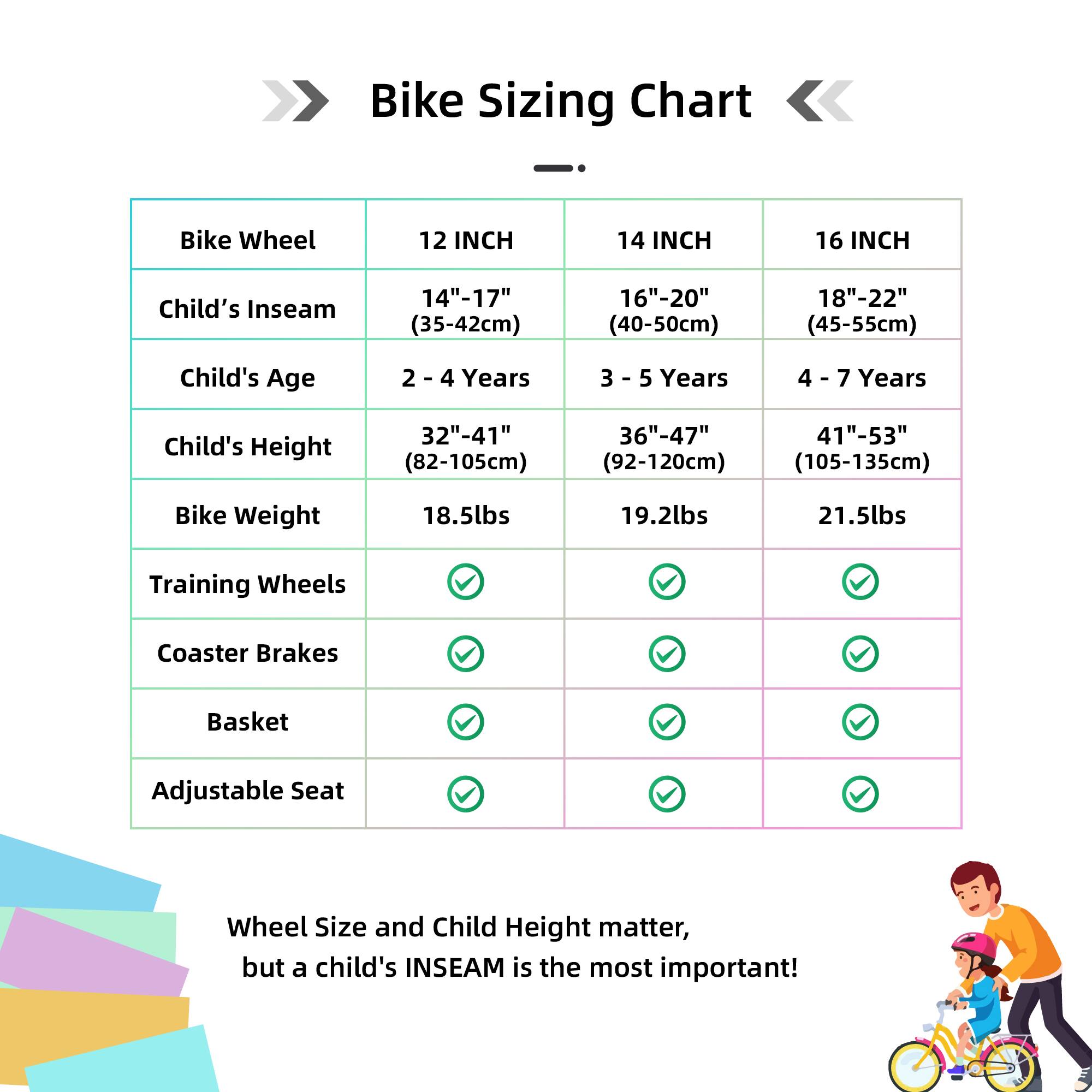 Bike Sizing Chart

| Bike Wheel | 12 INCH | 14 INCH | 16 INCH |
|------------|---------|---------|---------|
| Child's Inseam | 14"-17" (35-42cm) | 16"-20" (40-50cm) | 18"-22" (45-55cm) |
| Child's Age | 2 - 4 Years | 3 - 5 Years | 4 - 7 Years |
| Child's Height | 32"-41" (82-105cm) | 36"-47" (92-120cm) | 41"-53" (105-135cm) |
| Bike Weight | 18.5lbs | 19.2lbs | 21.5lbs |
| Training Wheels | ✔️ | ✔️ | ✔️ |
| Coaster Brakes | ✔️ | ✔️ | ✔️ |
| Basket | ✔️ | ✔️ | ✔️ |
| Adjustable Seat | ✔️ | ✔️ | ✔️ |

Wheel Size and