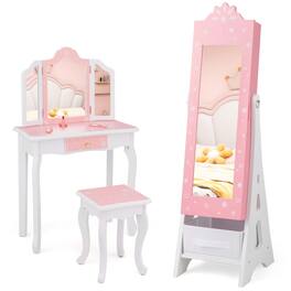 Costway - Kids Vanity Set Princess Makeup Dressing Table & Chair Set with Jewelry Armoire - Pink