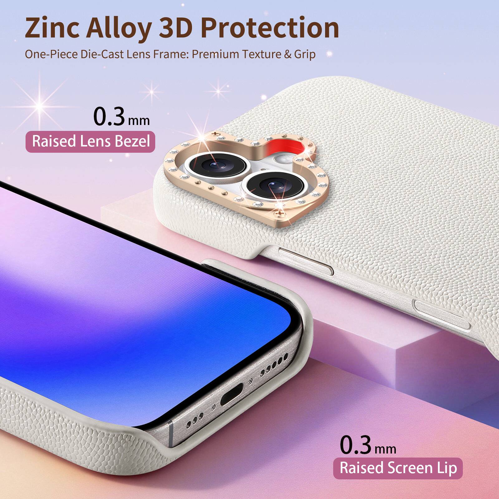 Zinc Alloy 3D Protection  
One-Piece Die-Cast Lens Frame: Premium Texture & Grip  
0.3 mm Raised Lens Bezel  
0.3 mm Raised Screen Lip