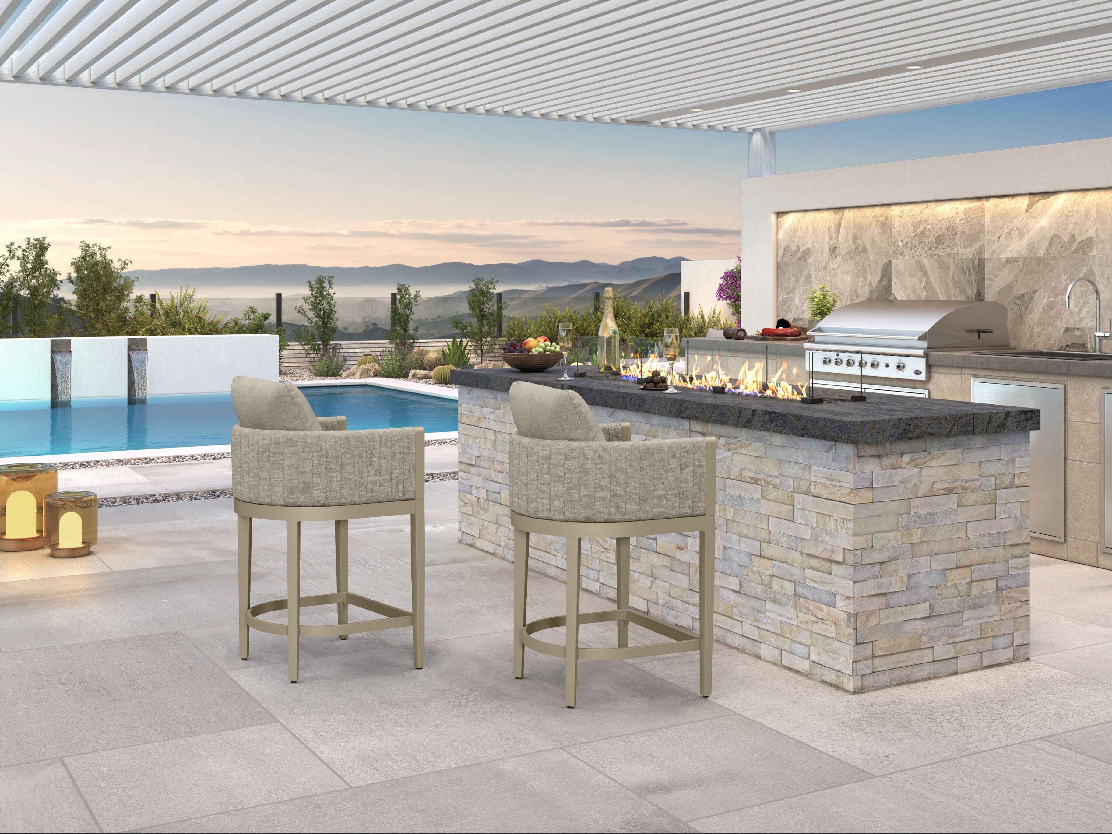 Alt View 2. PURPLE LEAF - Outdoor Counter Height Stool Set of 2 Aluminum Modern Olefin Barstools with Backrest Pillow for Garden Balcony Lawn - Champagne & Square Base-Counter Stool.