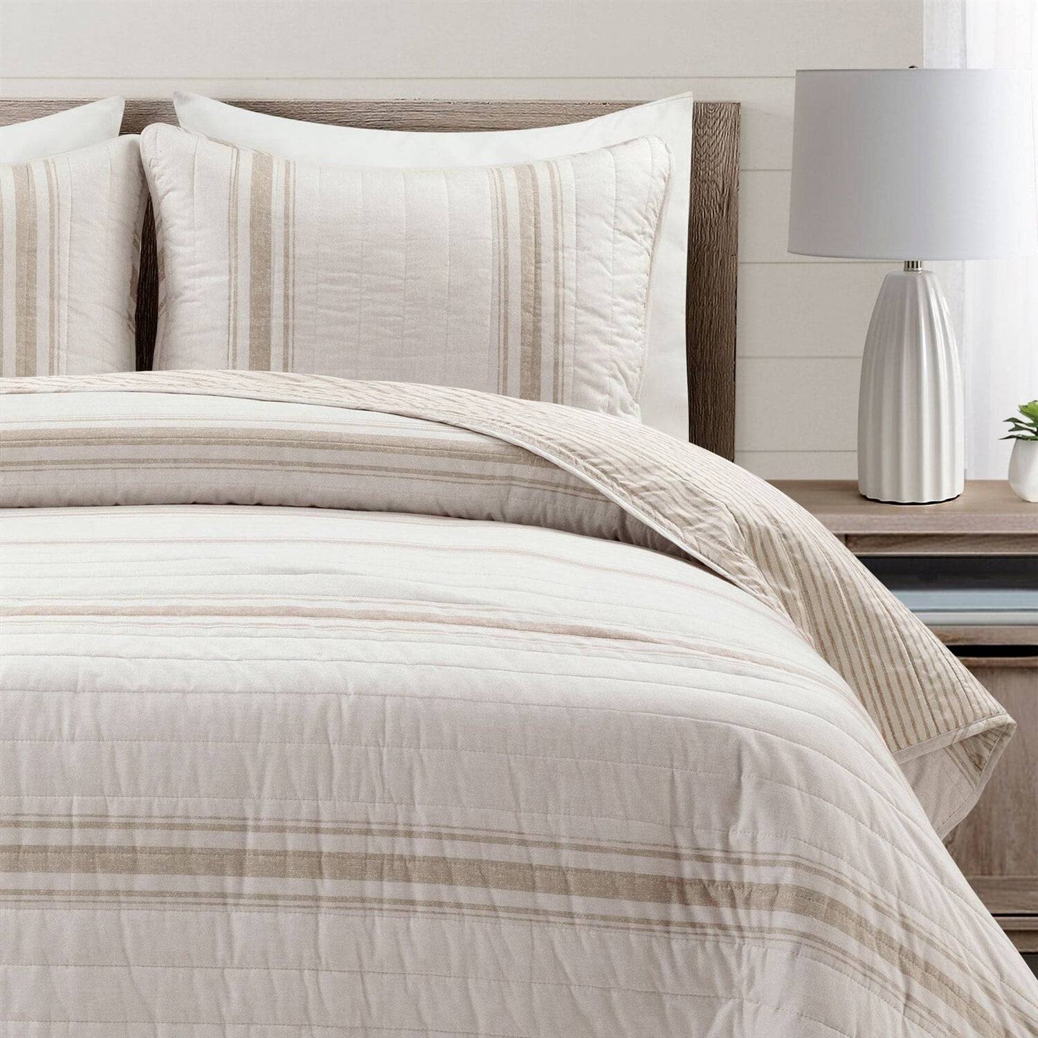 Left. Hivvago - King Size Beige White 3 Piece Stripe Reversible Cotton Quilt Set - Beige, White.