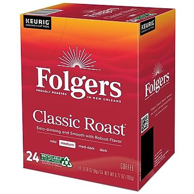 KEURIG GENUINE K-CUP PODS

Folgers
PROUDLY ROASTED IN NEW ORLEANS

Classic Roast
Easy-drinking and Smooth with Robust Flavor

24 RECYCLABLE K-CUP PODS

COFFEE
24 - 0.28 OZ (8g) EACH
NET WT 6.77 OZ (192g)