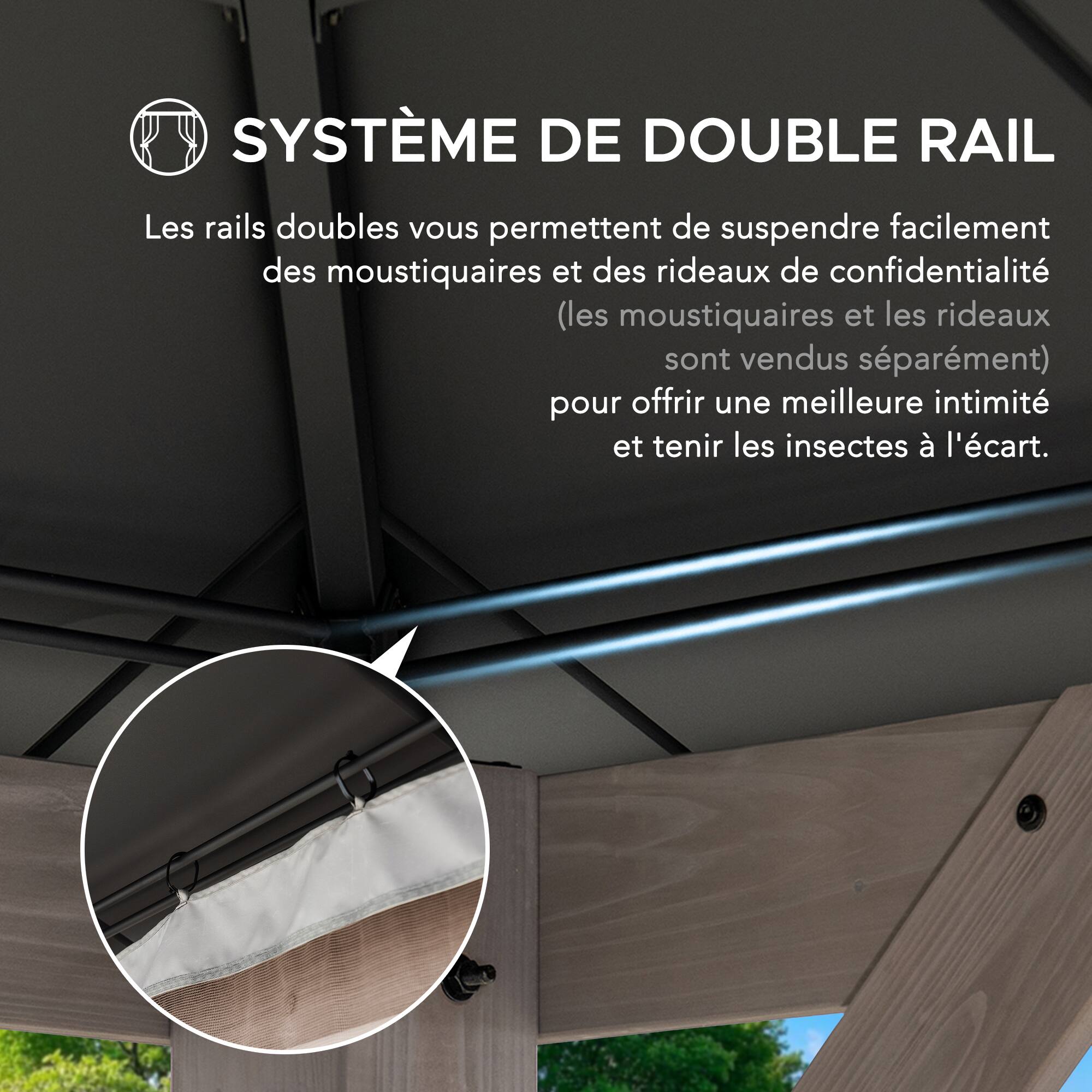 SYSTÈME DE DOUBLE RAIL

Les rails doubles vous permettent de suspendre facilement des moustiquaires et des rideaux de confidentialité (les moustiquaires et les rideaux sont vendus séparément) pour offrir une meilleure intimité et tenir les insectes à l'écart.
