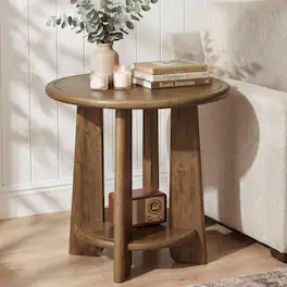 Tribesigns - Round Side Table, 2 Tier Small End Table, Solid Wood Bedside Nightstand with Shelf for Small Space, Living Room, Bedroom - Dark Walnut