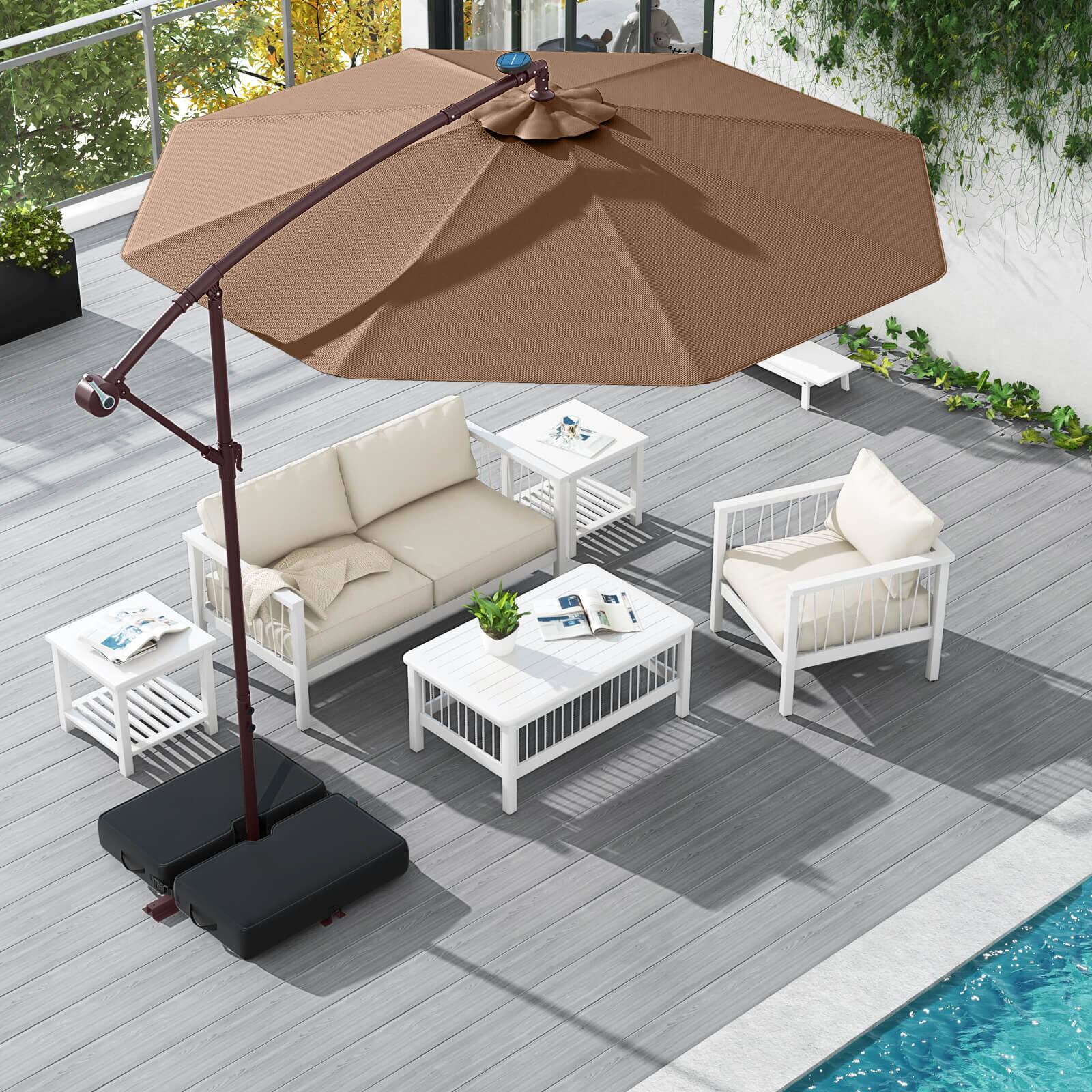 Angle. Costway - Patio 10FT Hanging Offset Umbrella 32 LED Lights Sand Bag Outdoor Cross Base - Coffee.