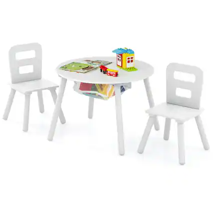 Front. Pefilos - Wood Activity Kids Table and Chair Set with Center Mesh Storage-White, Toddler Table and Chair Set for Arts & Crafts - White.
