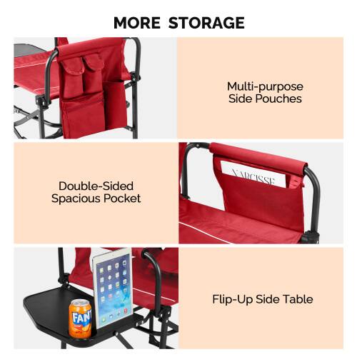 MORE STORAGE

- Multi-purpose Side Pouches
- Double-Sided Spacious Pocket
- Flip-Up Side Table