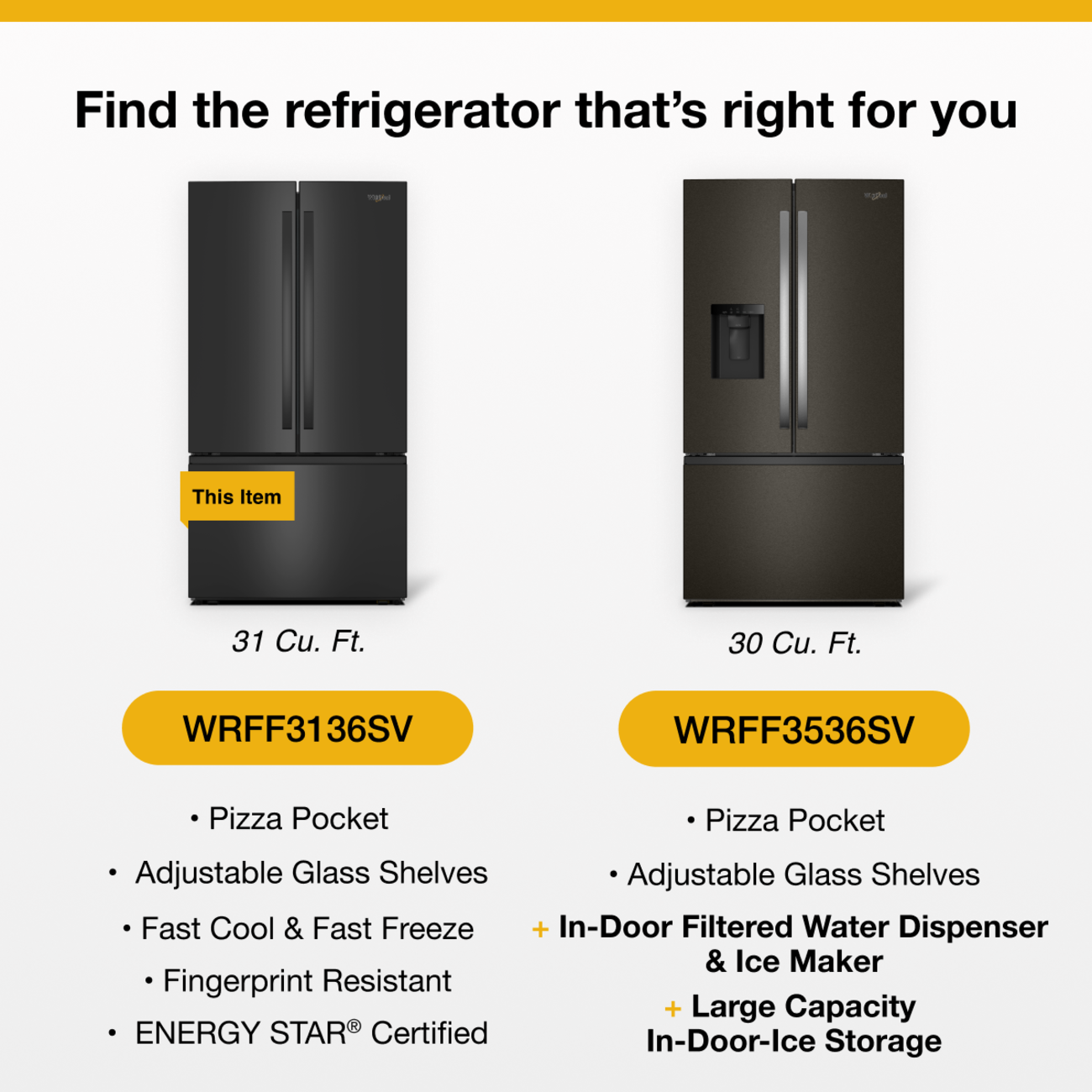 Find the refrigerator that's right for you

This Item

31 Cu. Ft.  
WRFF3136SV  
- Pizza Pocket  
- Adjustable Glass Shelves  
- Fast Cool & Fast Freeze  
- Fingerprint Resistant  
- ENERGY STAR® Certified

30 Cu. Ft.  
WRFF3536SV  
- Pizza Pocket  
- Adjustable Glass Shelves  
- In-Door Filtered Water Dispenser & Ice Maker  
- Large Capacity In-Door-Ice Storage