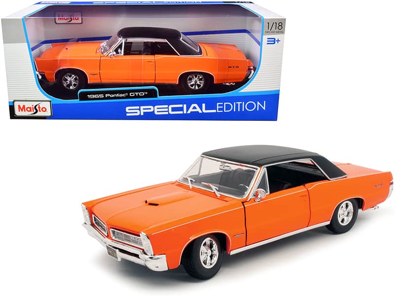 1965 Pontiac GTO Hurst Orange with Black Top and White Stripes "Special Edition" 1/18 Diecast Model Car by Maisto - Orange with Black and White
