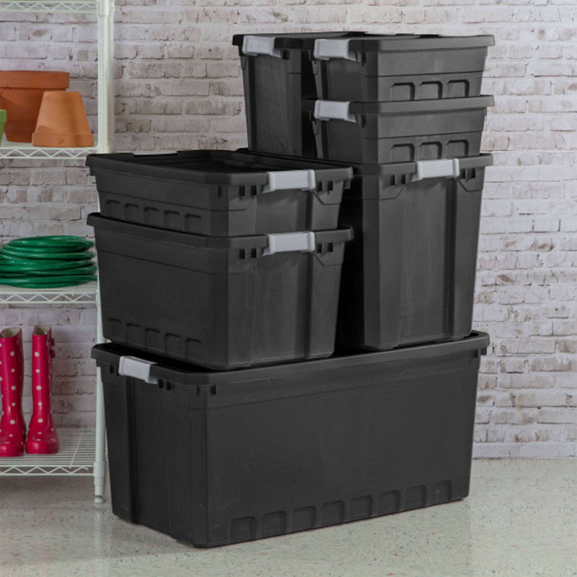 Alt View 5. Sterilite - Sterilite 50 Gal Rugged Industrial Stackable Storage Tote w/ Lid, Black, 6 Pack.