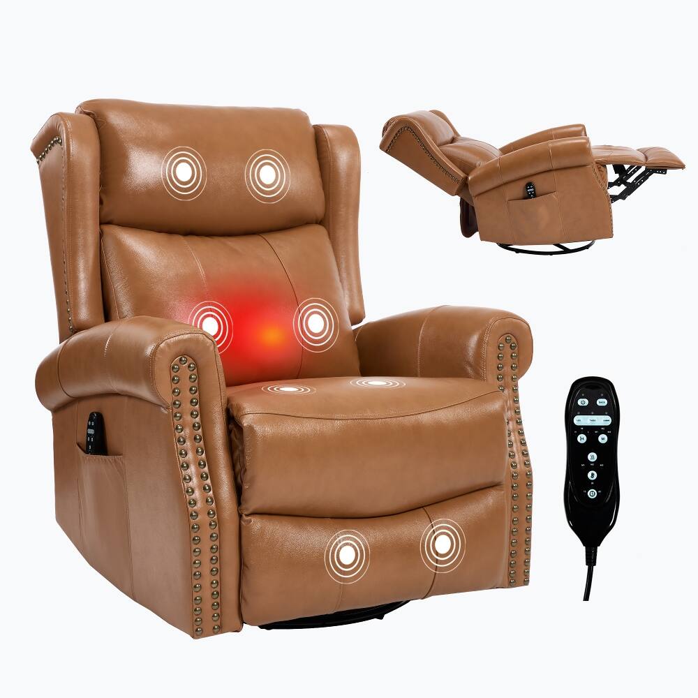 Alt View 1. Ropilly - Ropilly yellow genuine leather recliner, swivel rocker massage chair with lumbar heat - Yellow.