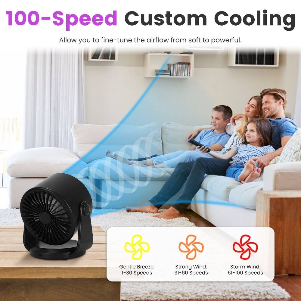 100-Speed Custom Cooling  
Allow you to fine-tune the airflow from soft to powerful.  

Gentle Breeze: 1-30 Speeds  
Strong Wind: 31-60 Speeds  
Storm Wind: 61-100 Speeds