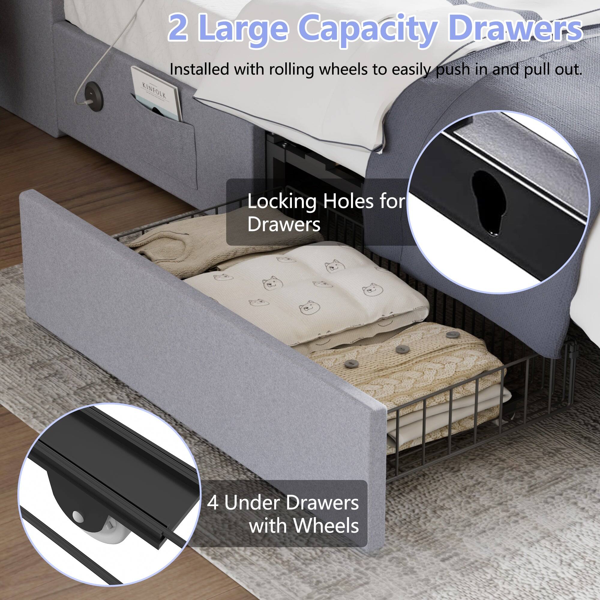 2 Large Capacity Drawers  
Installed with rolling wheels to easily push in and pull out.  

Locking Holes for Drawers  

4 Under Drawers with Wheels