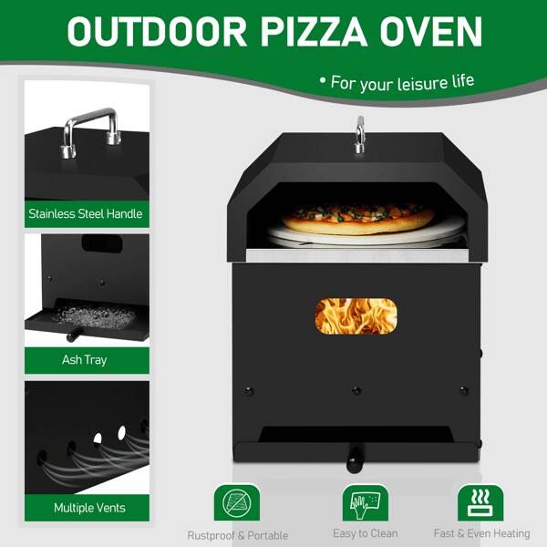 OUTDOOR PIZZA OVEN  
- For your leisure life  

Stainless Steel Handle  
Ash Tray  
Multiple Vents  

Rustproof & Portable  
Easy to Clean  
Fast & Even Heating