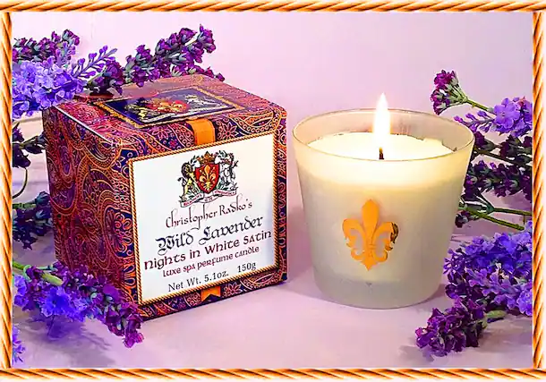 Christopher Rasko's
Old Lavender
nights in White Satin
spa perfume candle
Luxe
Net Wt. 5.1oz. 150g