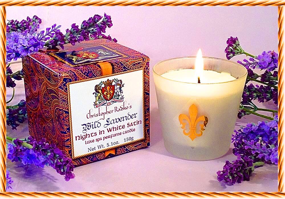 Christopher Rasko's  
Old Lavender  
nights in White Satin  
spa perfume candle  
Luxe  
Net Wt. 5.1oz. 150g