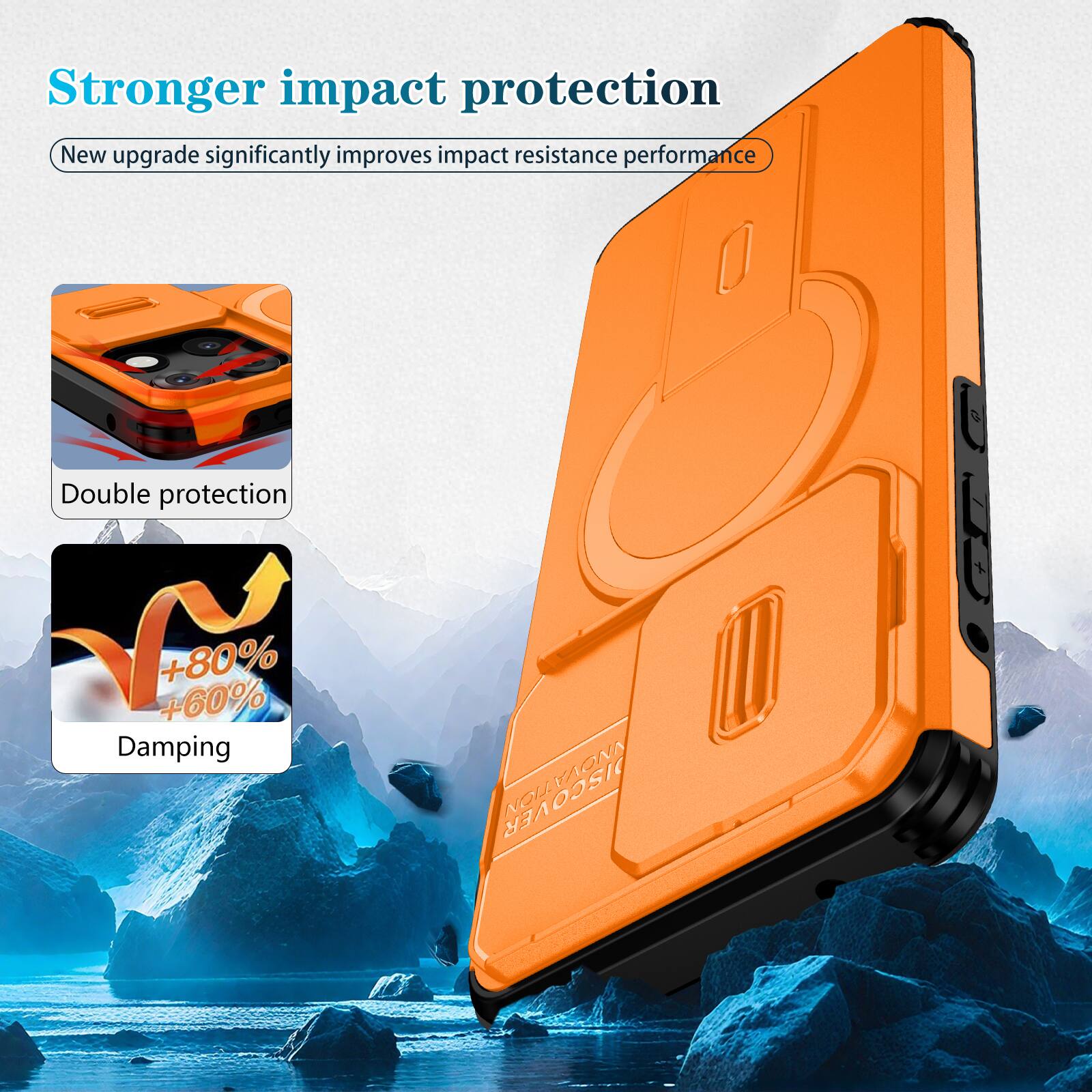 Stronger impact protection  
New upgrade significantly improves impact resistance performance  
Double protection  
+80% +60% Damping