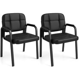 Costway - Leather Office Reception Chairs Set of 2 withPadded Armrests, Metal Frame for Home - Black