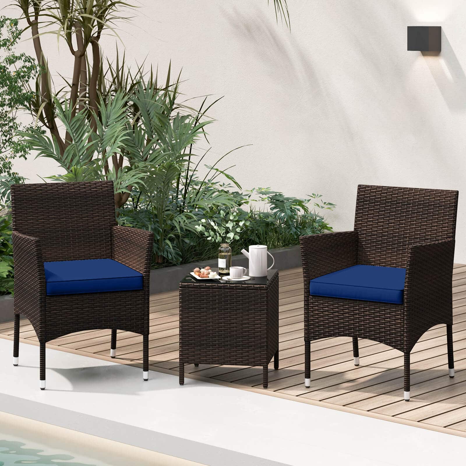 Alt View 4. Costway - Costway 3 PCS Outdoor Conversation Set with Cushioned Seat & Tempered Glass Tabletop - Navy.