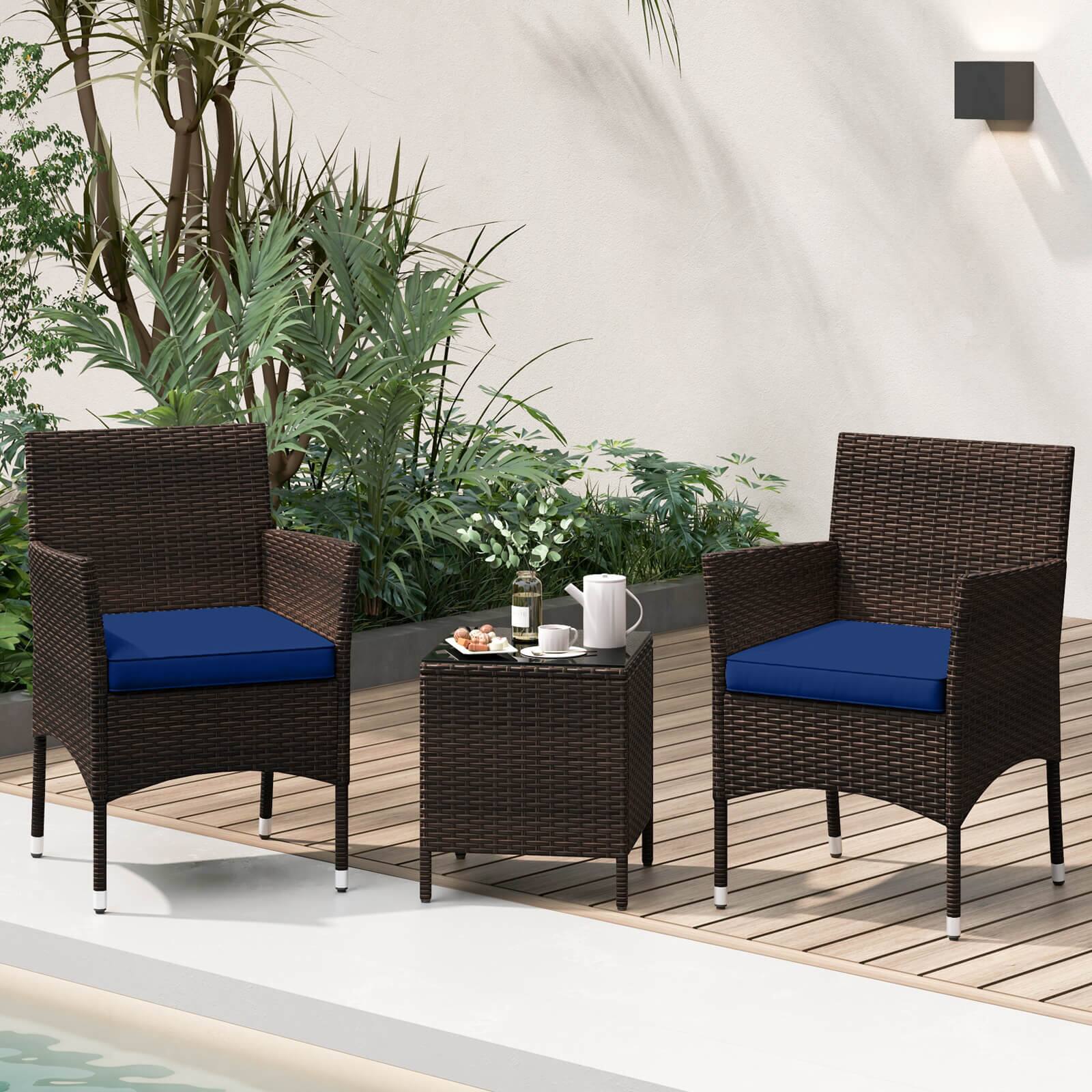 Alt View 4. Costway - Costway 3 PCS Outdoor Conversation Set with Cushioned Seat & Tempered Glass Tabletop - Navy.
