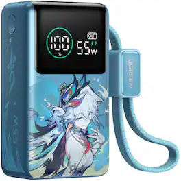 UGREEN - x Honkai Star Rail 10000mAh 55W Fast Charging Power Bank, Portable Charger with Built-in Cable - Glacier Blue