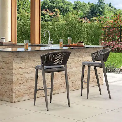 Front. PURPLE LEAF - Outdoor Bar Stool Set of 2 Rattan Bar Stools with Back Metal Bar Height Stool Outdoor Bar Chair for Garden Kitchen - Grey-Bar Height.