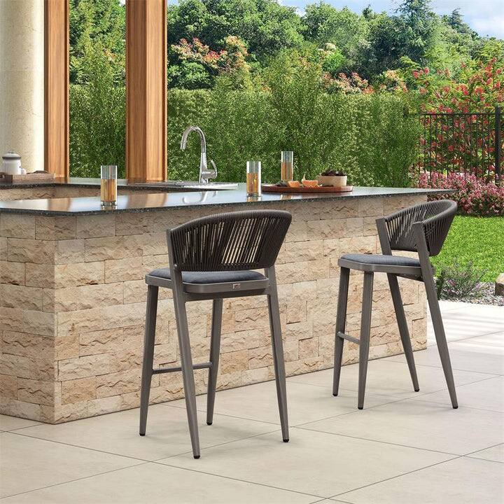 Alt View 2. PURPLE LEAF - Outdoor Bar Stool Set of 2 Rattan Bar Stools with Back Metal Bar Height Stool Outdoor Bar Chair for Garden Kitchen - Grey-Bar Height.