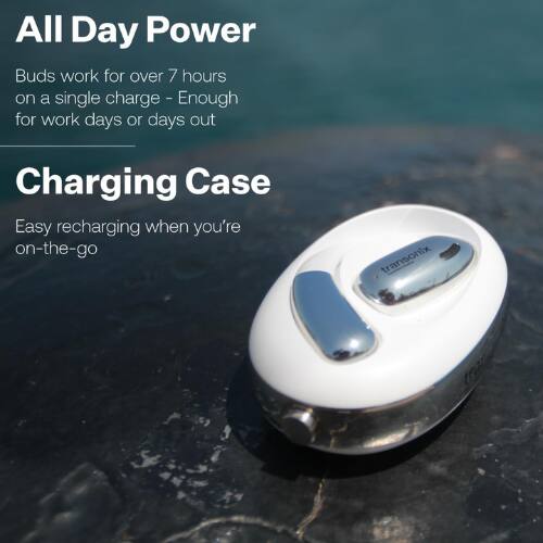 All Day Power  
Buds work for over 7 hours on a single charge - Enough for work days or days out  

Charging Case  
Easy recharging when you're on-the-go