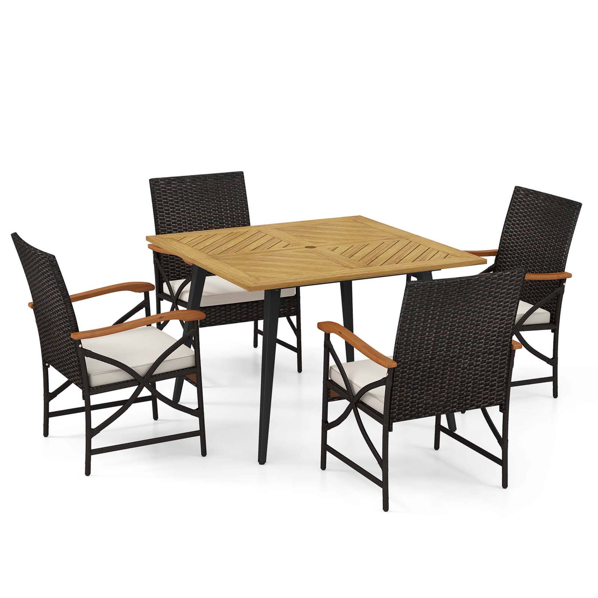 Alt View 4. Costway - 5 PCS Patio PE Wicker Dining Set Table and Chairs with Cushions 1.9" Umbrella Hole - Mix Brown + Off White.