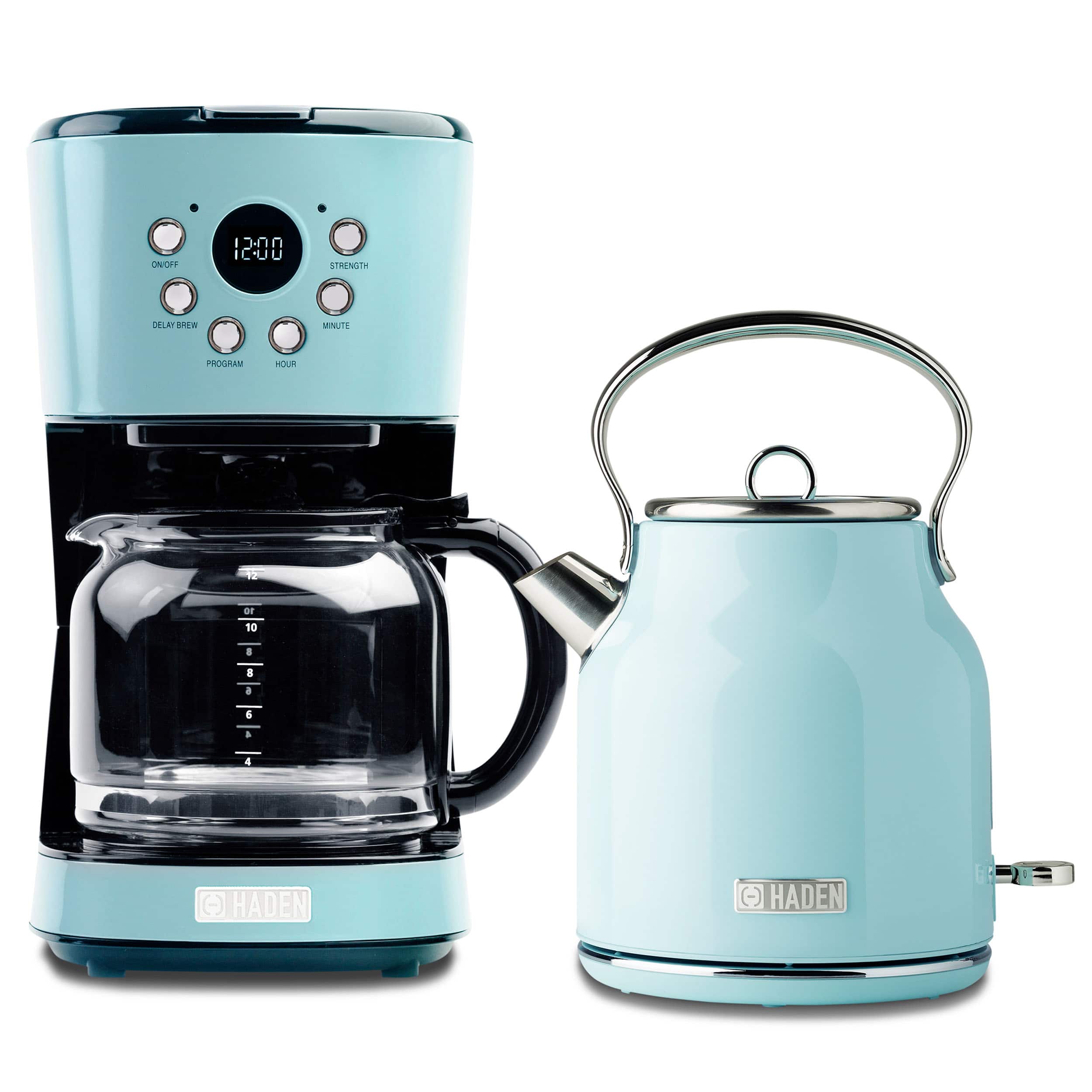 Haden - 12 Cup Coffee Maker & Heritage 1.7L Electric Kettle, Chrome - Turquoise