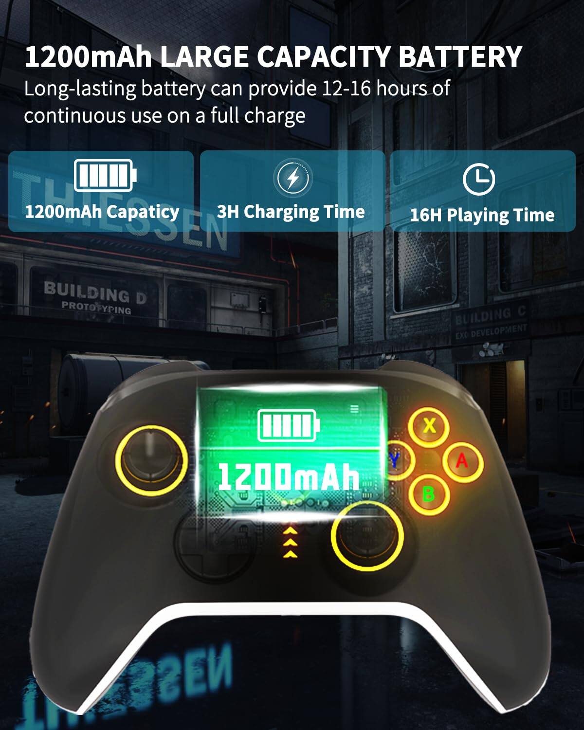 1200mAh LARGE CAPACITY BATTERY  
Long-lasting battery can provide 12-16 hours of continuous use on a full charge  

1200mAh Capacity  
3H Charging Time  
16H Playing Time