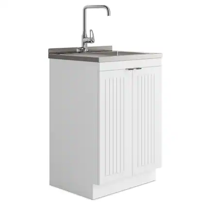 Front. Simpli Home - Murphy All-In-One 24-inch Laundry Utility Sink and Cabinet - Pure White.