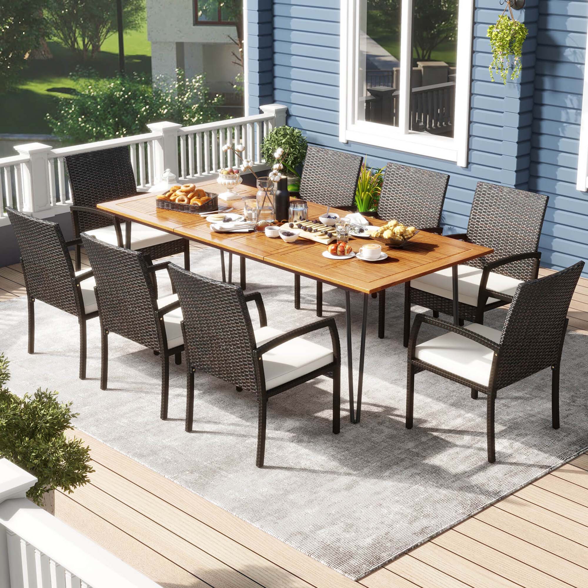 Alt View 1. Costway - 9 PCS Outdoor Patio Dining Set Armchairs Set of 8 and Acacia Wood Square Table - Mix Brown,Off White.