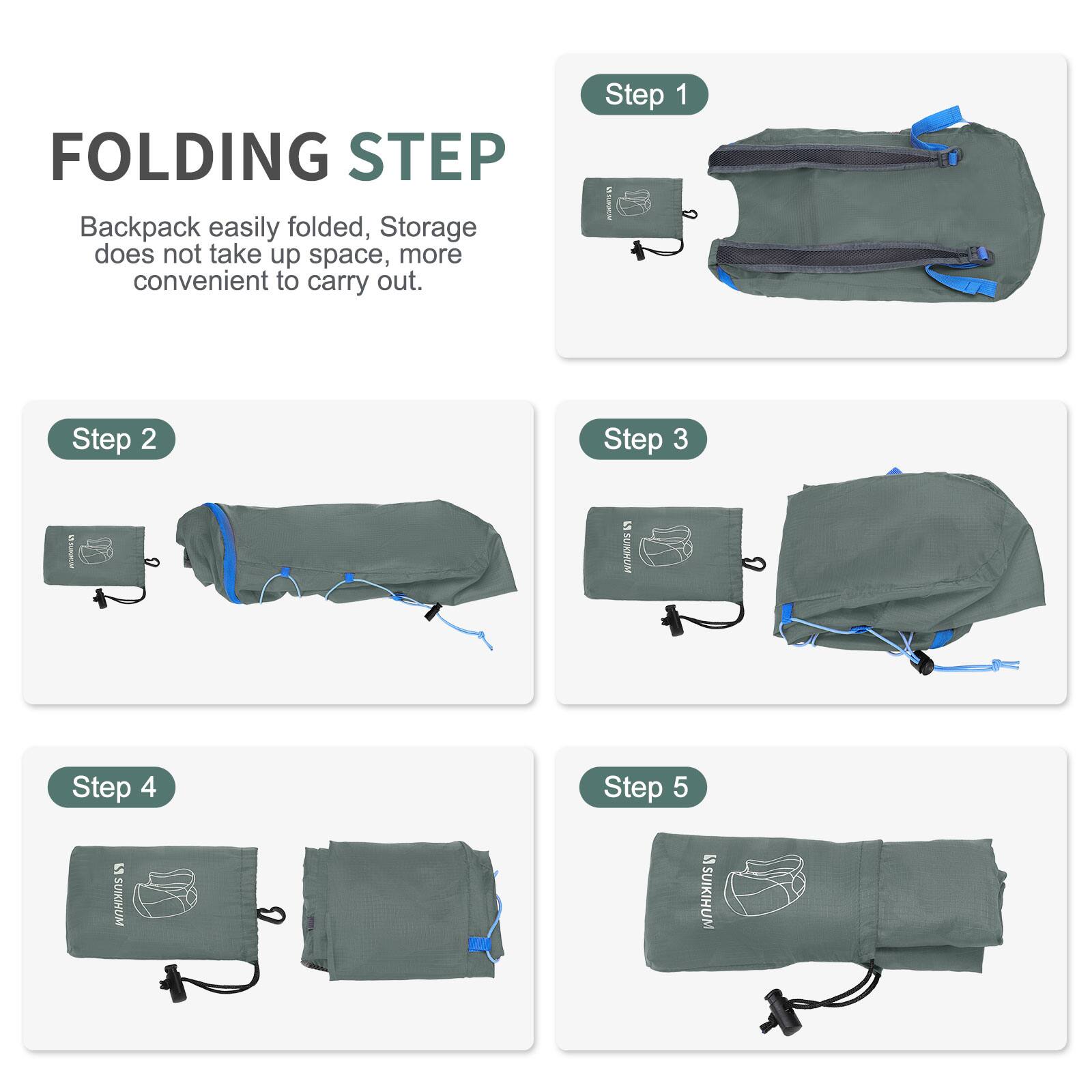 FOLDING STEP

Backpack easily folded, Storage does not take up space, more convenient to carry out.

Step 1

Step 2

Step 3

Step 4

Step 5