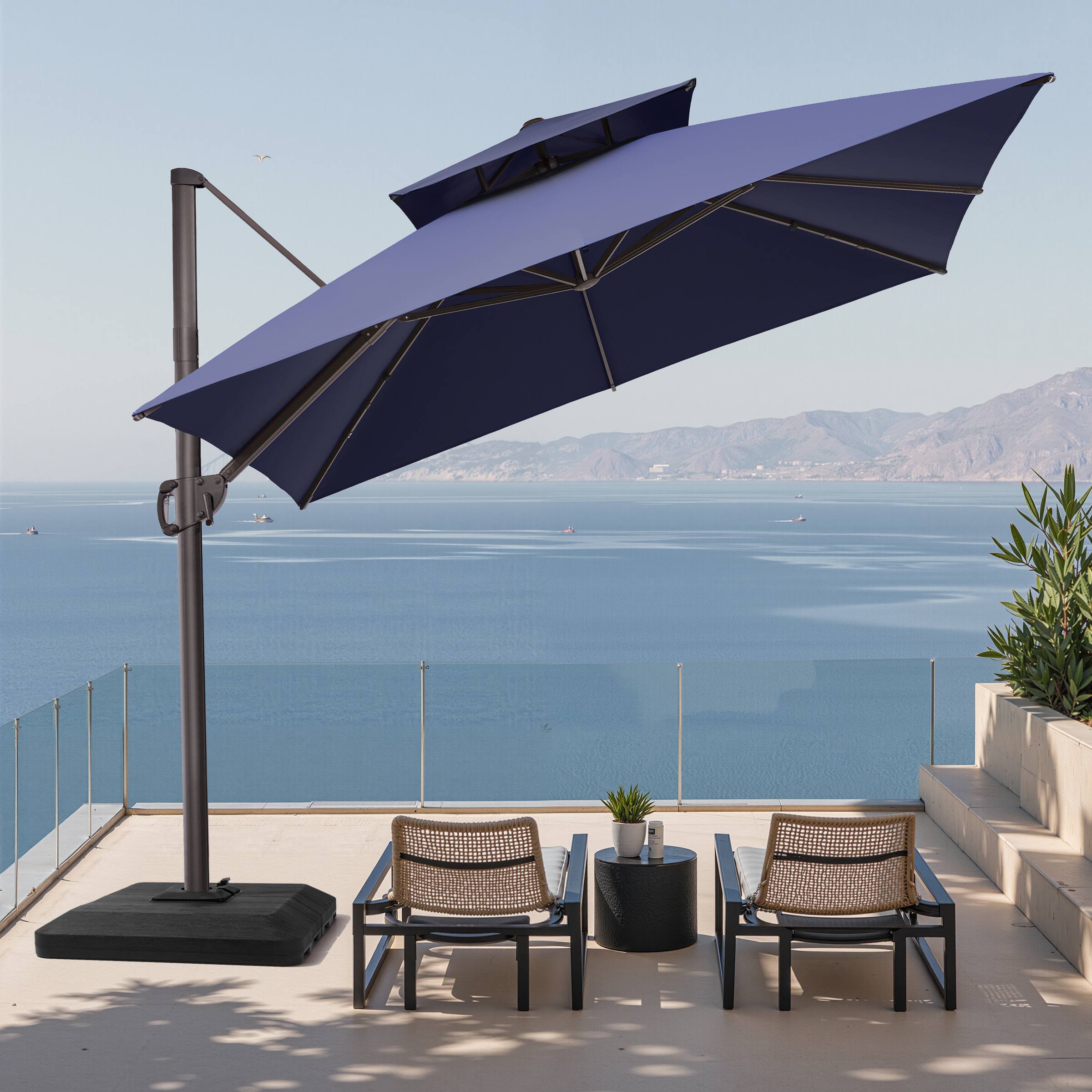 Back. Crestlive Products - Crestlive Products 11x11ft Aluminum Double Top Crank Cantilever Patio Umbrella with Base - Navy blue.