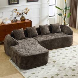 Anysun - Chenille L-Shape Compressed Sofa - High-Elastic Sponge, Curved Armrests & 4 Throw Pillows for Living Room - Brown