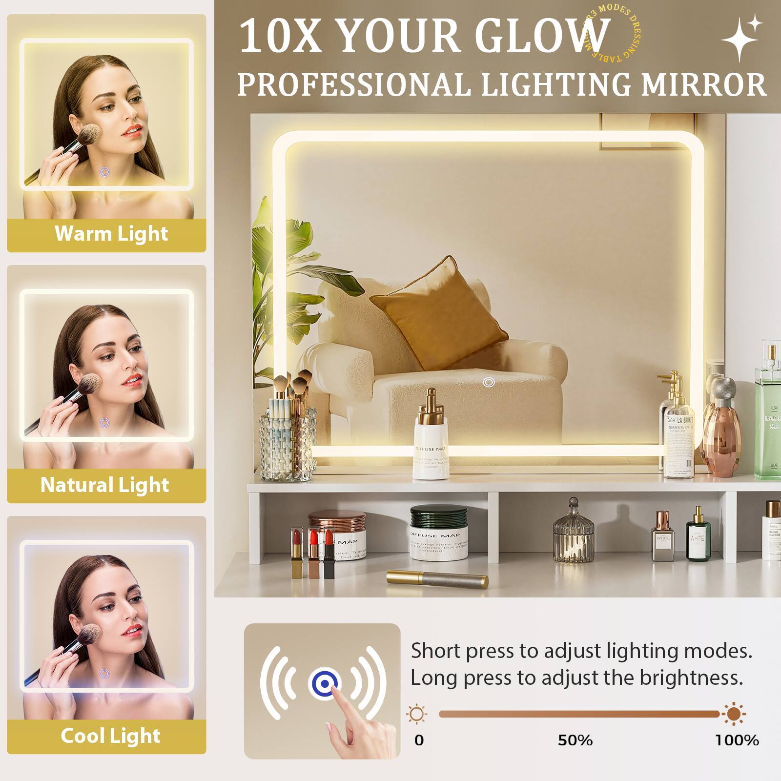 10X YOUR GLOW  
PROFESSIONAL LIGHTING MIRROR  

Warm Light  
Natural Light  
Cool Light  

Short press to adjust lighting modes.  
Long press to adjust the brightness.  

0% 50% 100%