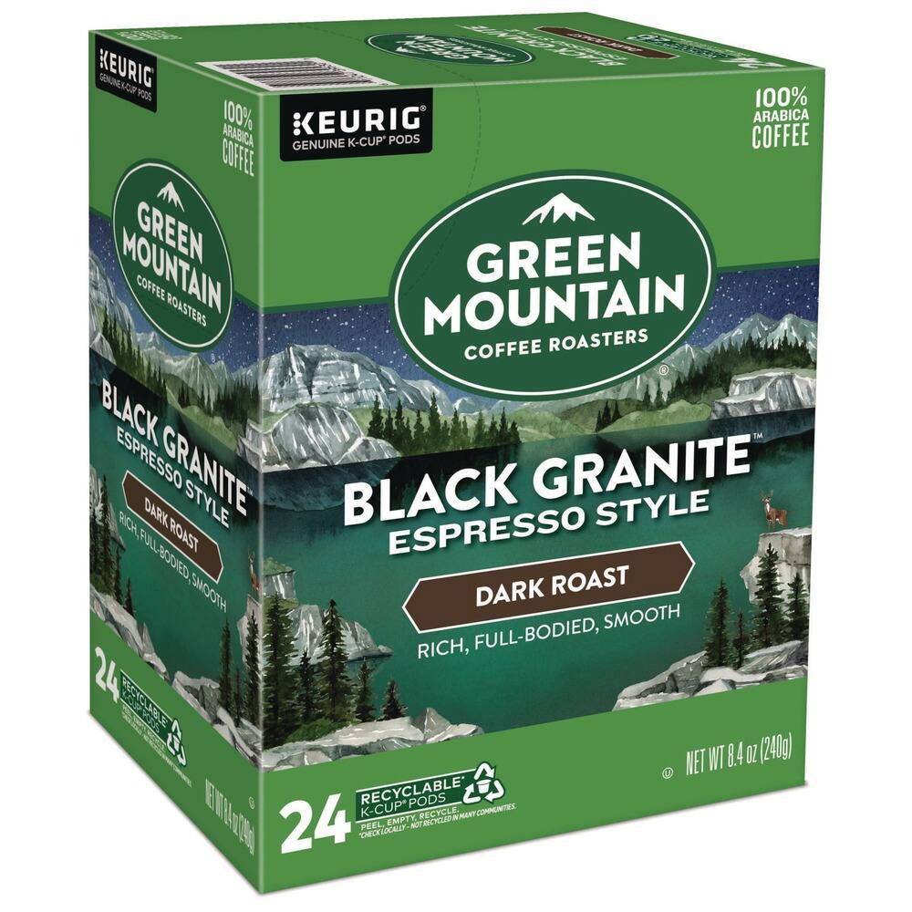 KEURIG Genuine K-Cup Pods  
100% Arabica Coffee  
Green Mountain Coffee Roasters  
Black Granite Espresso Style  
Dark Roast  
Rich, Full-Bodied, Smooth  
24 Recyclable K-Cup Pods  
Net WT 8.4 oz (240g)