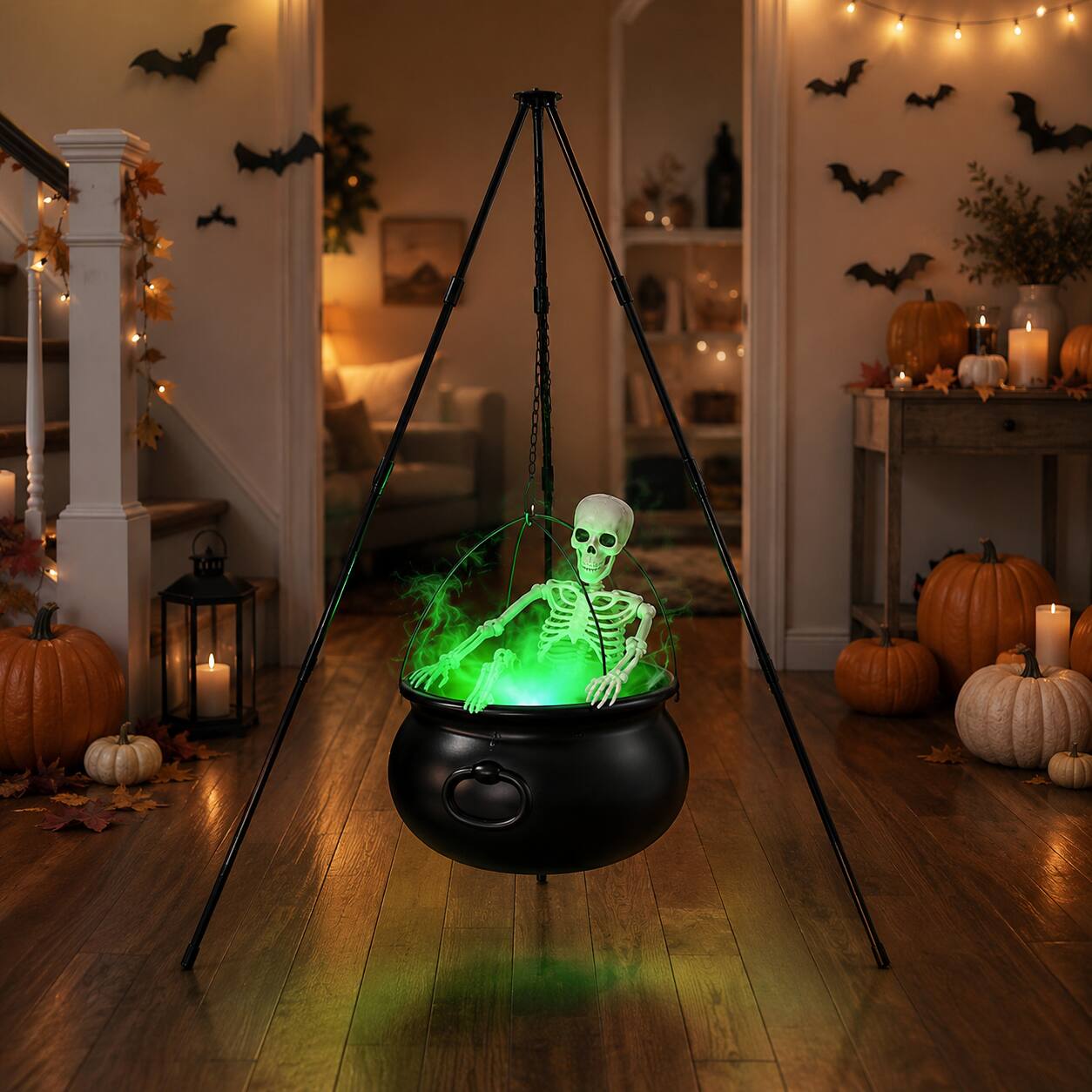 Alt View 3. FASCINATE - 52-in Lighted Witch Cauldron Tripod with Skeleton, Green LED Fog Maker and Splash Guard - Black.