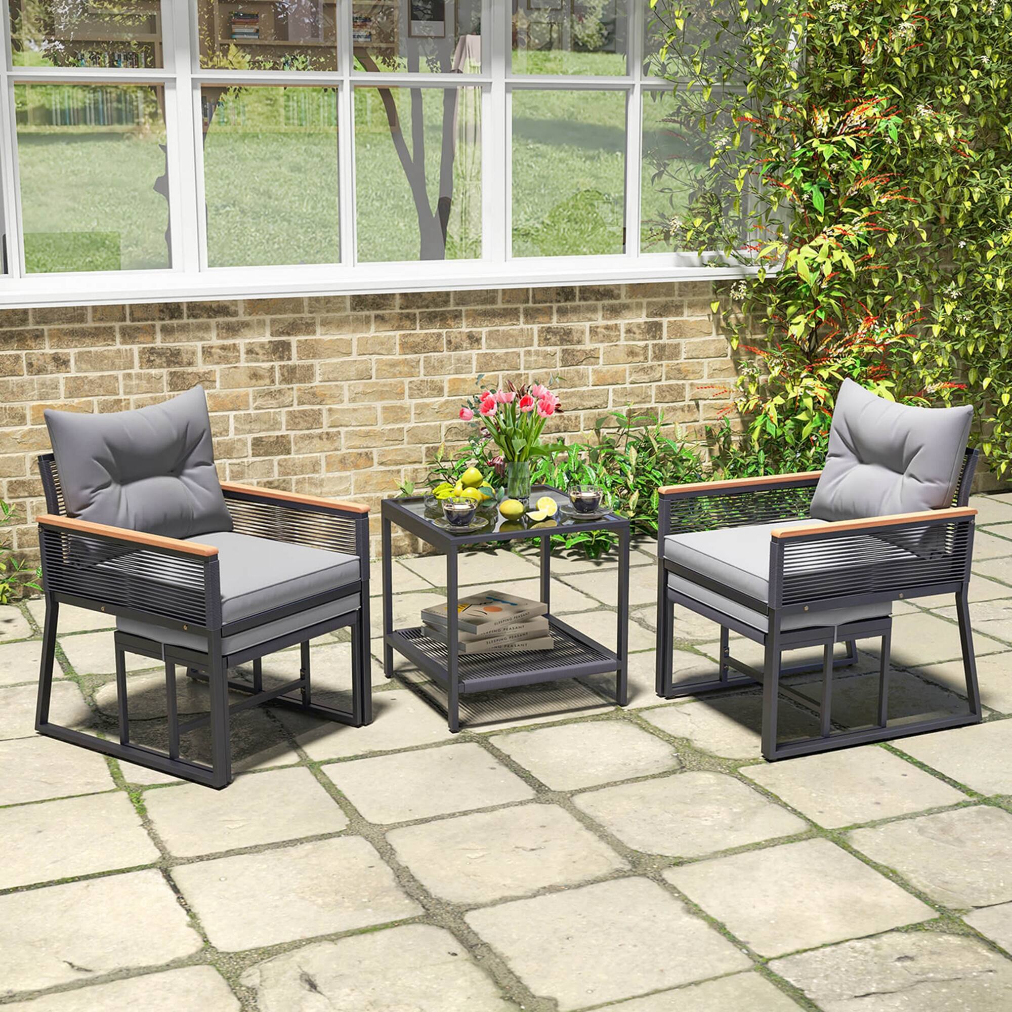 Alt View 1. Costway - Costway 5 Piece Outdoor Conversation Set Rattan Armchairs with 2-Layer Side Table - Gray,Black.