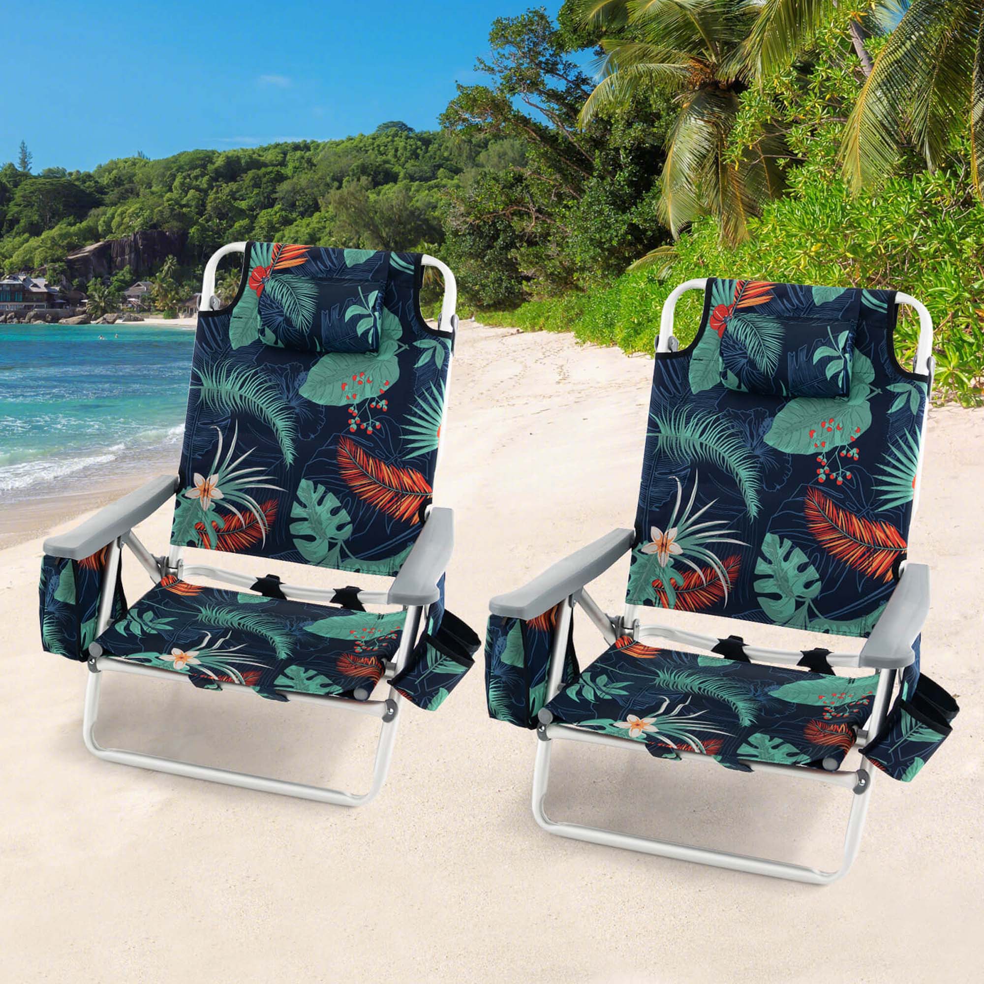Alt View 1. Costway - 2-Pack Folding Backpack Beach Chair 5-Position Outdoor Reclining Chairs with Pillow - Dark Green.