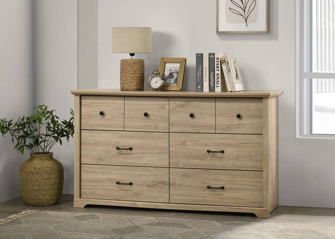 Forest'nSky - Wood 6 drawer 57 in. Wide Chest of Drawers with Black Handles for Living Room - Light Oak