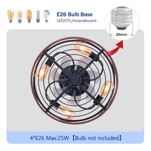 E26 Bulb Base LED/CFL/incandescent 26mm  
4*E26 Max:25W  
Bulb not included