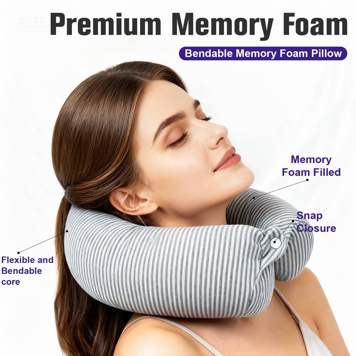 Premium Memory Foam  
Bendable Memory Foam Pillow  

Memory Foam Filled  
Snap Closure  
Flexible and Bendable core